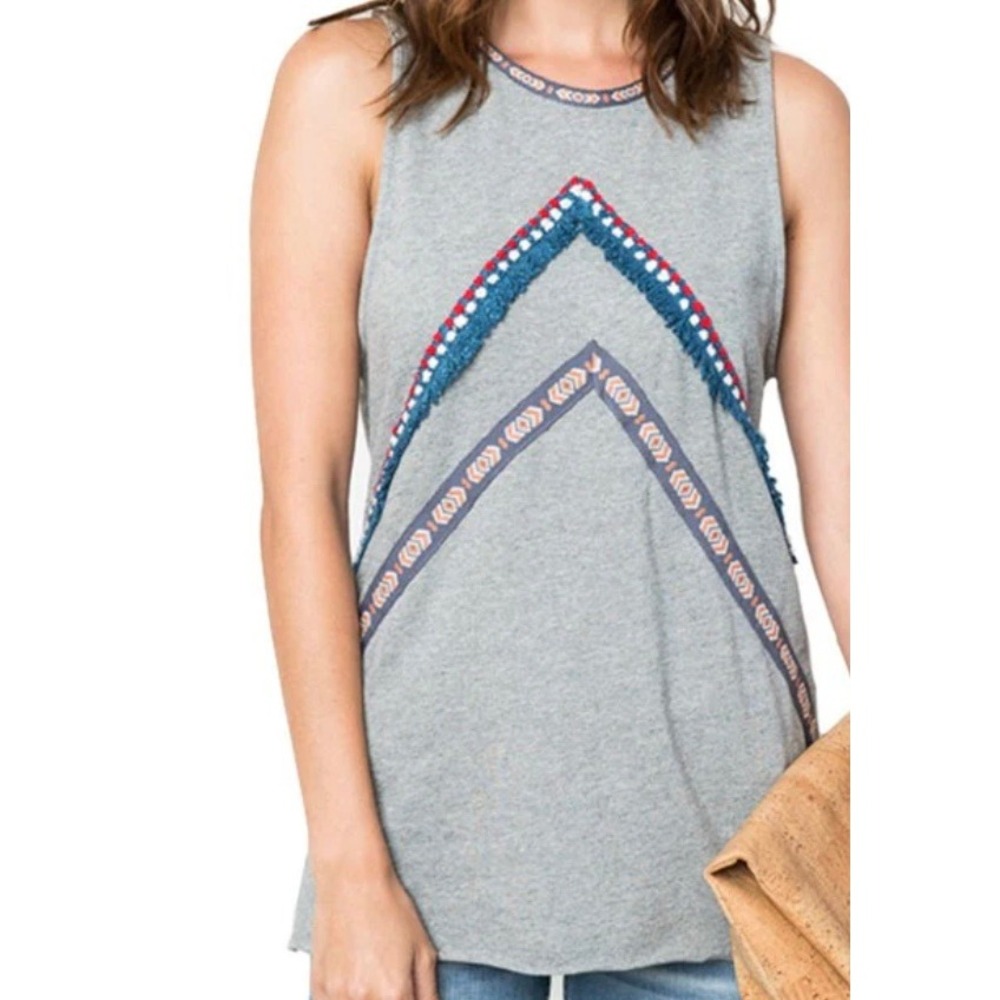 Boho Hayden Los Angeles Festival‎ Gray Embroidered Fringe Tank Top SZ L